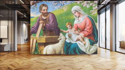 SEBECHLEBY, SLOVAKIA - AUGUST 13, 2020: Typical catholic image  image of Holy Family from the beginn of 20. cent.  printed in Italy originally by Sonino painter. Wall mural