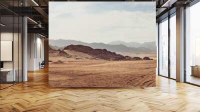 Safari and travel to Africa, extreme adventures or science expedition in a stone desert. Sahara desert at sunrise, mountain landscape with dust on skyline, hills and traces of the off-road car. Wall mural