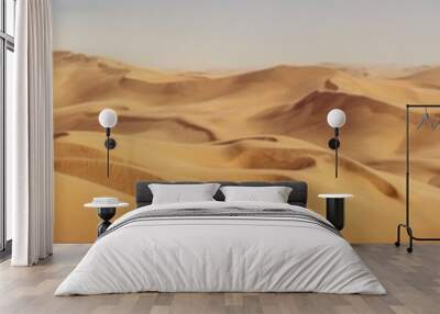 Travel to Africa, adventures, safari or expedition to Namib desert, panoramic view. Wilderness with sandy dunes of Namibia. Panoramic landscape of Sandwich Harbour, view on skyline and high hills. Wall mural