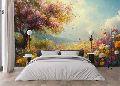 A Blooming Meadow with a Tree in the Foreground Wall mural