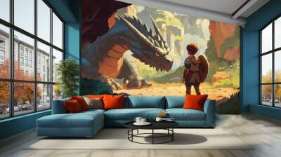 A Boy Stands Before a Giant Dragon in a Fantasy Landscape Wall mural