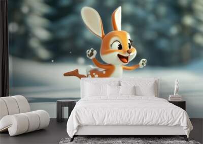 A Cheerful Cartoon Bunny Leaps Through a Snowy Winter Landscape Wall mural