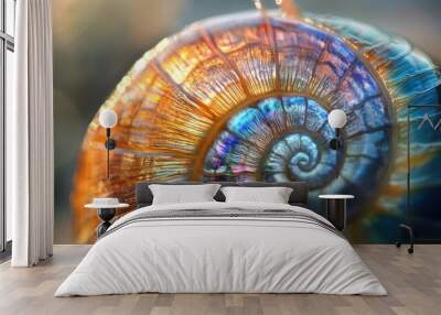 A Close-up of a Snail Shell with Iridescent Colors Wall mural