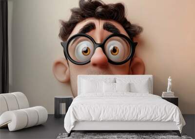 A close-up portrait of a cartoon man with glasses and a sad expression Wall mural