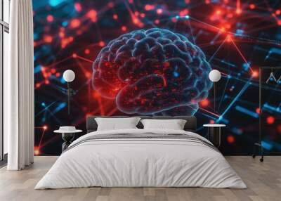 A Digital Brain Connected by a Network of Red and Blue Lines Wall mural