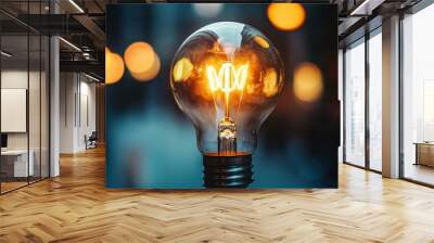 A Glowing Light Bulb with a Filament, Close-Up Wall mural