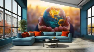 A Hand Holding a Miniature Earth Globe with a Cityscape in the Background Wall mural