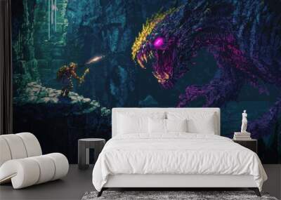 A Pixelated Warrior Facing a Glowing Purple Monster in a Dark Cave Wall mural