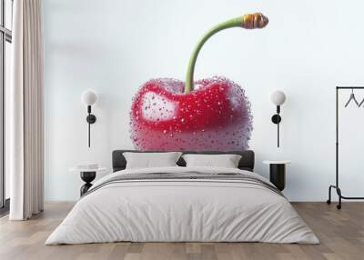 A Single, Red Cherry Covered in Dew Drops Wall mural