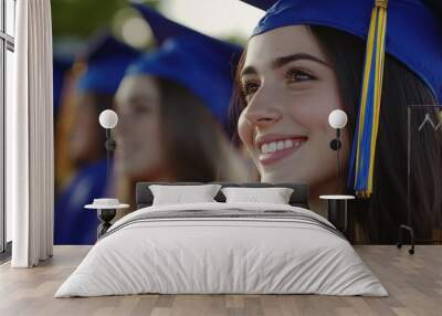 A Young Woman in a Blue Graduation Cap and Gown Smiles Wall mural