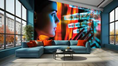 A Young Woman Reaches Out to a Digital Hand Wall mural