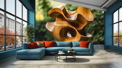 Abstract Wooden Sculpture with Interlocking Shapes Wall mural