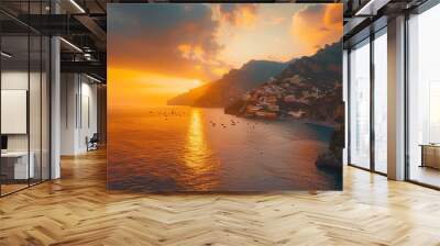 Beautiful sunset over the Panoramic view of the coast at sunrise with blue sky and orange clouds. Wall mural