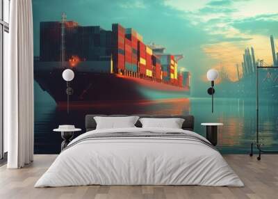 Cargo Ship at Sunset with a Reflection in the Water Wall mural