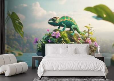 Chameleon Perched on a Rock in a Tropical Lagoon Wall mural