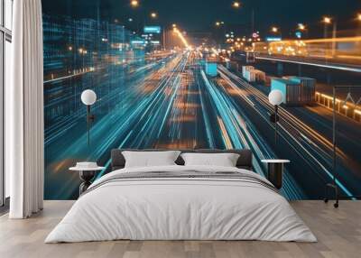 Cityscape with Digital Overlays and Blurred Light Trails Wall mural