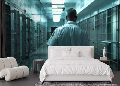 Close up Back view of a white security guard in uniform walks through the prison hallway. Wall mural