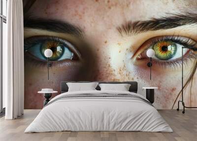 Close-up of Two Green Eyes with Freckles Wall mural