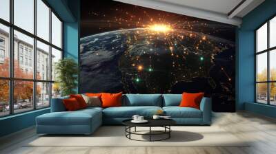 Earth at Night with City Lights and Network Connections Wall mural