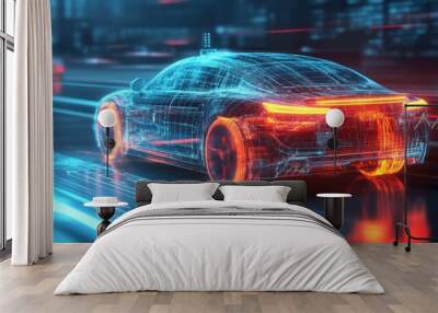 Futuristic Car Driving on a Neon-Lit Road Wall mural