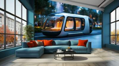 Futuristic Self-Driving Pod Vehicle on City Street at Dusk Wall mural