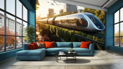 Futuristic Train Traveling Through A Greenery Covered City Wall mural