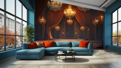 Luxurious Room with Ornate Chandeliers and Red Curtains Wall mural