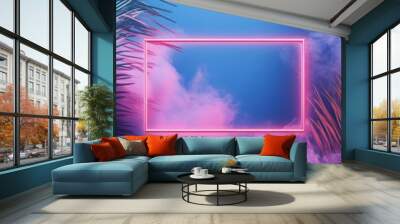 Neon Pink Square Frame with Palm Leaves and Smoke Wall mural