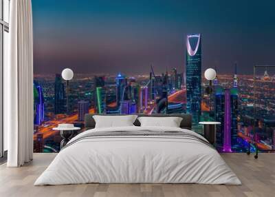 Nighttime Aerial View of Riyadh Skyline with Illuminated Skyscrapers Wall mural