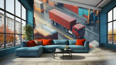 Red Semi-Truck Hauling a Cargo Container on a Model Road Wall mural