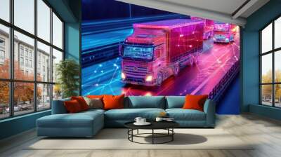 Semi-truck driving on a highway at night with a digital wireframe overlay. Wall mural