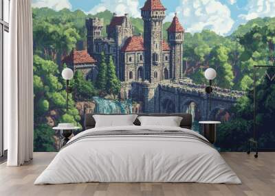 Stone Castle with a Waterfall and Bridge in a Lush Forest Wall mural