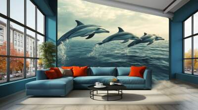 Three Dolphins Leaping Out of the Ocean Wall mural