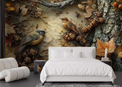 Two Birds Perched on a Tree Branch with Autumn Leaves and Pine Cones Wall mural