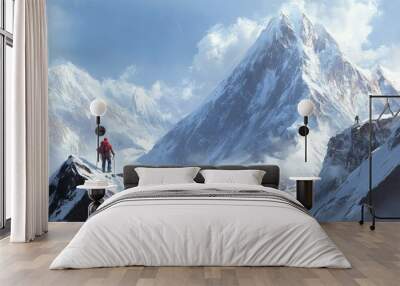 Two Climbers Scaling a Majestic Snow-Covered Mountain Peak Wall mural