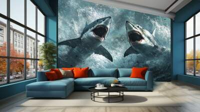 Two Great White Sharks Emerging From Turbulent Water Wall mural