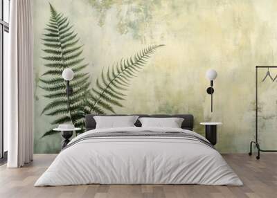 Two Green Fern Fronds on a Textured Beige Background Wall mural