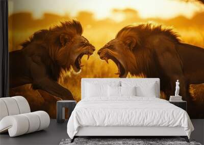 Two Lions Roaring at Each Other During a Fiery Sunset Wall mural