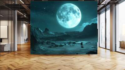 Two Silhouettes Stand Before a Large Moon and Starry Night Sky on an Alien Planet Wall mural