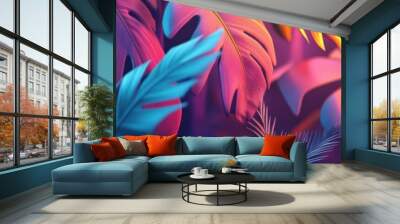 Vibrant Tropical Leaves in Neon Lighting Wall mural