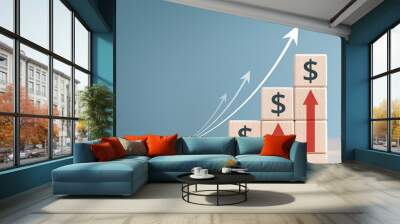 Interest finance or mortgage rates. Wooden blocks with currency symbols and arrow pointing up icons. Financial growth, Deposit interest increase, inflation, sale price and dollar exchange rate rise. Wall mural