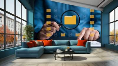 Man uses a magnifier to search data on the server. Document Management System DMS, online document database, software for efficient archiving, searching, and management of company files and data. Wall mural