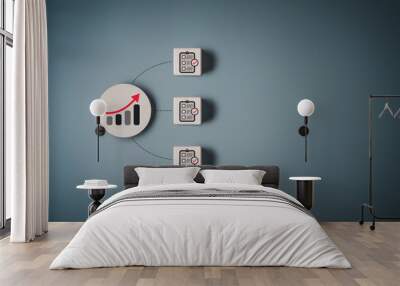 Rise data graph and paperwork document with check mark icons on wooden circles. Business strategy planning management, progress for business and analyzing financial investment information development. Wall mural