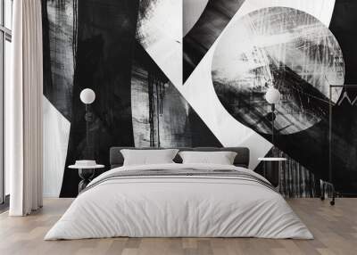 Abstract Geometric Harmony: Dynamic Black, White, and Gray Shapes with Textured Brush Strokes for Modern Backgrounds, Wall Art, and Wallpaper Designs Wall mural