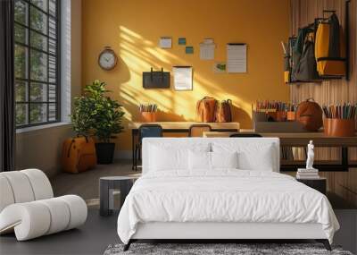 Interior of a chic, deserted classroom featuring stationery and bags Wall mural