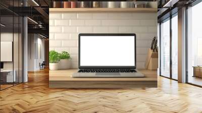 Open laptop with blank screen sitting on a wooden desk in a home office that is the kitchen. Wall mural