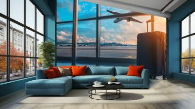 Passenger plane flying above the skyline and traveling bags in the airport terminal. Wall mural