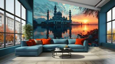 A Magnificent Mosque with a Beautiful Sky View at Sunset Wall mural