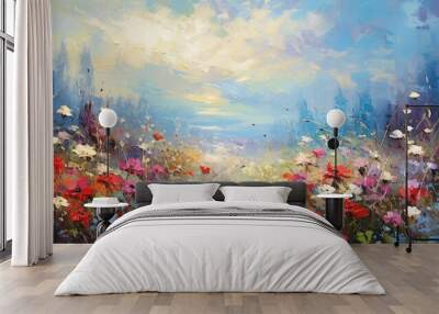 Colorful Flowers Illustration in Oil Painting Style. Canvas Texture Wall mural