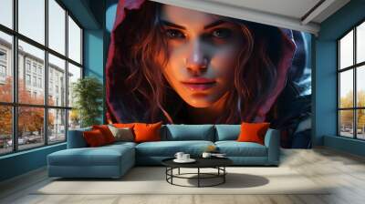 Cyberpunk Girl in Hood with Blurred Rainy Night City Background. Apocalypse Character Wall mural